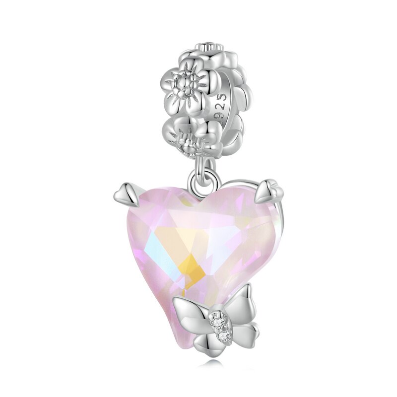 pink heart with butterfly - charm pendant